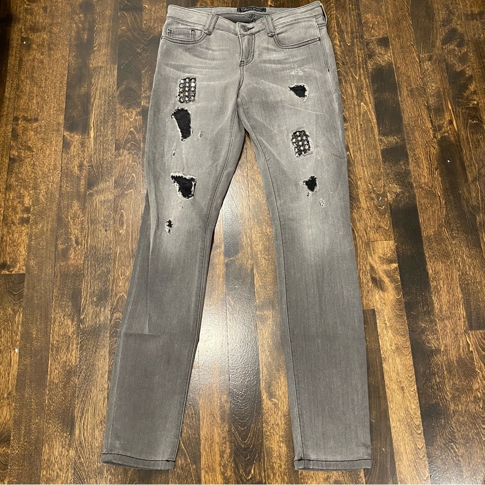 Marciano grey stretch power skinny jean with lace and stud details